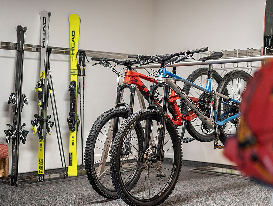 Our changing room, ski, board and bike depot